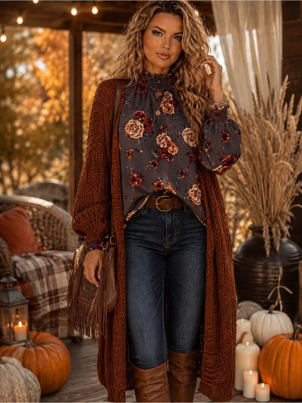 Mock-Neck Floral Blouse in Gray with Rose Print